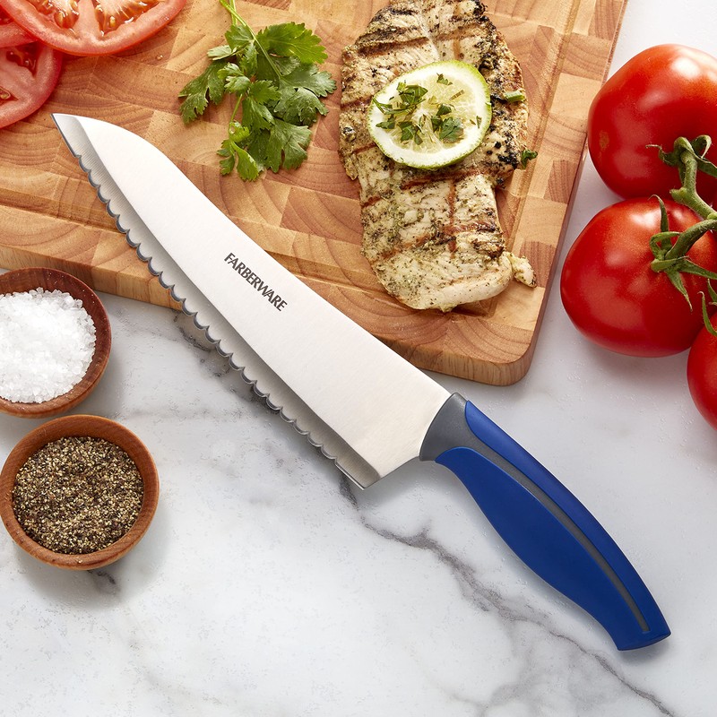 Farberware Soft Grip Serrated Chef Knife, 8-Inch, Navy