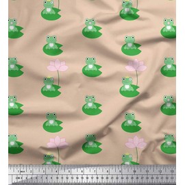 Soimoi Beige Cotton Duck Fabric Lotus & Frog Kids Printed Craft Fabric BTY 42 Inch Wide