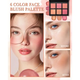 Orange Rose Blush Palette,6 Color Matte Shimmer Blendable Blusher Contour Powder for Cheeks,Pink High Pigment Long Lasting Facial Blush with Brush,Thanksgiving Christmas Face Makeup Product for Women