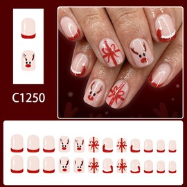 Christmas Press on Nails Short Square Fake Nails with Cute Elk Bow Design Red Glitter French Tip Nails Press ons Glossy Skin Tones Hat Glue on Nails Winter Xmas Holiday Acrylic Nails for Women 24Pcs