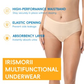 IRISMORII Adult Womens Incontinence Postpartum Protective Underwear Washable Bladder Leak Proof 56 ml Absorbency Panties 3 Pack (3 Skin, 2XL)