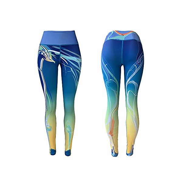Platinum Sun Women's Swim Workout Pattern Leggings Wetsuit Pants Tights UPF 50+ (Yellow-Blue - M)