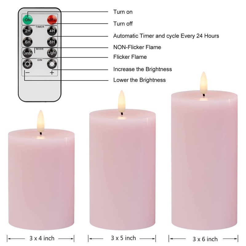 Pink Flameless Candles with Remote and Timer, Real Wax LED