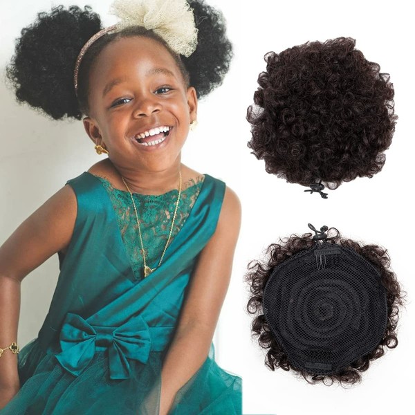 FEIPRO Afro Puff Drawstring Ponytail Human Hair Buns 2PCS/Pack 4 Inch for Girls Kids Children Babies Black Women Small Size Natural Black Kinky Curly Hair Updo Donut Chignon