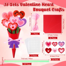 Fullhawl 36 Sets Flower Bouquet Craft Kit Valentines Day Crafts Kit DIY Heart Paper Decorations Make Your Own Valentine Flower Bouquet for DIY Valentines Wedding Birthday Gift Party Supplies(Heart)
