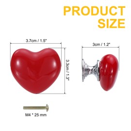 sourcing map 4 Packs Ceramic Drawer Knobs, Heart-Shaped Dresser Pulls, Decorative Drawer Knobs with M4 x 25mm Screw for Cupboard Wardrobe, Red/Silver