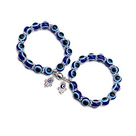 Caiyao 4 Pcs Evil Eye Bead Bracelet Hamsa Hand Fatima Charm Stretch Amulet Turkish Good Luck Protection Kabbalah Jewelry, 8.5 inches, Zinc, no gemstone