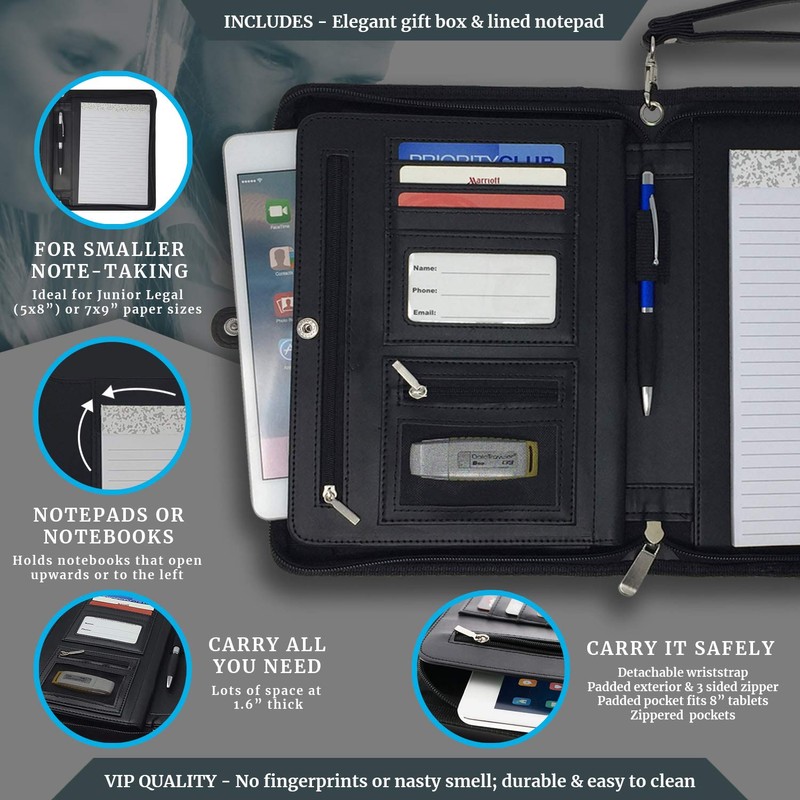 Junior Zippered Padfolio with A5 Notepad - Matt Black PU