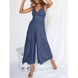 ANRABESS Women's Summer Wide Leg Linen Jumpsuits Dressy V Neck Sleeveless Casual Pants Rompers 2024 Vacation Beach Outfits Deep Blue Large