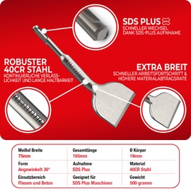 SCHWABENBACH ® SDS Plus Tile Chisel 75 x 165 mm - Ideal for Removing Plaster - Tile Removal Tool - Flat Chisel - Extra Hardened Tip - Wall Quick Removal with Hammer Drill Chisel