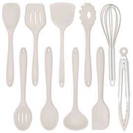 E-far 10 Pieces Silicone Cooking Utensils Set, Heat Resistant Kitchen Utensil Set for Nonstick Cookware, Kitchen Cooking Tools with Spatula, Spoon, Slotted Turner, Non-Toxic &amp; Dishwasher Safe (Khaki)