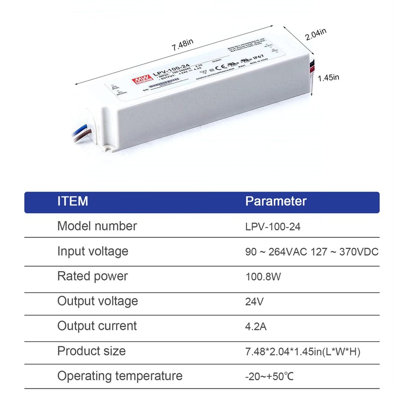 DynMach LPV-100-24 100W Power Supply - 24V 4.2A, AC-DC for