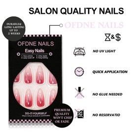 Wine Red Press on Nails Medium Almond OFDNE Red White Gradient Fake Nails False Nails with Glitter Designs Full Cover Glossy Glue on Nails Acrylic Nails for Women Girls 24 Pcs