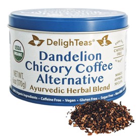DelighTeas Organic Coffee Substitute | Ayurvedic Herbal Coffee Alternative | Chicory Coffee | Dandelion Coffee | USDA Organic, Caffeine Free, Acid Free | With Sweet Notes of Carob | 50 servings, 6oz.