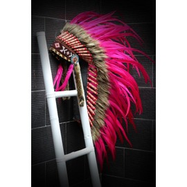 Native American Inspired Headdress - Handcrafted with Genuine Feathers and Beads (Pink)