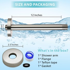 Nuodan 12 Inches Shower Arm with Flange, Replacement of Ceiling Mounted Straight Arm, Suitable For Fixed High Pressure Rain Showerhead and Rainfall Shower Head, Brushed Nickel