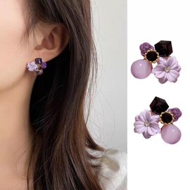Wendalern Purple Crystal Flower Earrings Small Square Crystal Earring Stud Cubic Zirconia Flower Stud Vintage Moonstone Flower Cluster Earrings Wedding Earrings Jewellery for Women Girls