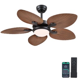 Wiviniya Tropical Ceiling Fans with Lights and Remote/APP Control, 44 Inch Palm Leaf Ceiling Fan with LED Lights, Outdoor Ceiling Fans for Patios Porch, Reversible Quiet Motor, Dimmable, Light Brown