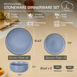 Herogo 18-Piece Stoneware Dinnerware Set for 6, Stackable Dinner Plates and Bowls Sets, Double Reactive Glaze Dishware Place Setting for Kitchen, Scratch Resistant, Microwave Safe, Haze Blue