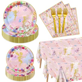 Fairy Party Decorations - Floral Fairy Paper Plates Pink Butterfly Napkins Floral Tablecloths for Princess Flower Fairy Party Supplies, Serve 40