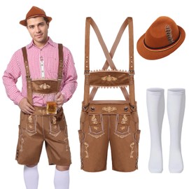 Raveparty Oktoberfest Men's Outfit, Lederhosen Men's Costume Set, German Bavaria Oktoberfest Costume Set with Removable Bib Straps, Knee Socks and Bavarian Felt Hats (Style B, M)