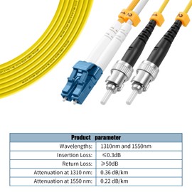 Fibergaga-OS2 LC/UPC to ST/UPC Fiber Patch Cable,Single-Mode Fiber, Duplex 9/125µm,OD 2.0mm Fiber Optic Cable,Jumper Optical Patch Cord,Length Option: 1M(3ft)-100M(328ft)-1M(3ft)