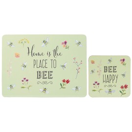 Set of 4 (8pc) Bee Happy Cork Placemats & Coasters Set, Cork Backed Placemats, & Kitchen Protector Mats for Decoration, Heat-Resistant Coating & Cork Board Base Cork Placemats