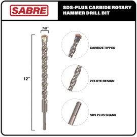 Sabre Tools 7/8 Inch x 12 Inch SDS Plus Rotary Hammer Drill Bit, Carbide Tipped for Brick, Stone, and Concrete Version 2 (7/8" x 10" x 12")