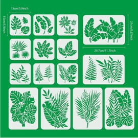 ORIGACH 15Pcs Leaves Stencil PET Square Tropical Plants Stencil, for Painting on Wall, Wood, Canvas, Tile, Fabric, Home DIY Art Decoration