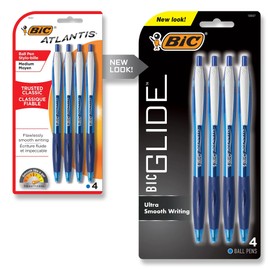 BIC Glide Retractable Ball Pen, Medium Point (1.0 mm), Blue, Comfortable Rubber Grip, 4-Count