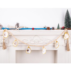 Oyster Shells Wood Bead Garland - Coastal Christmas Decorations 2M/78in with 7PCS Handmade Crafts Oyster Shells Ornaments, for Coastal Beachy Christmas Decor, Home Interior Decor