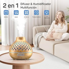 Difusor de Aceites Esenciales y Humidificador para Aromaterapia, 500ML Humidificador de Aire con Control Remoto, 7 Colores LED, Apagado Automtico,... 