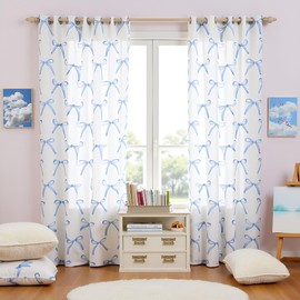 Cartoon Bowknot Kids Window Curtains,Bow Tie Knot Geometric Patchwork Fashion Window Drapes for Girls Women,Hand-painted Sketch Blue Noble Window Treatments Grommet Top 2 Panel Set,42Wx63L inch