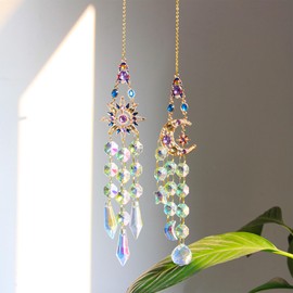 FOSDICK 2 Pcs Sun Catcher, Rainbow Suncatcher, Suncatchers for Windows, Sun Catchers for Windows, Hanging Crystals Ornament for Home Bedroom Patio Indoor Outdoor Garden Window Decorations(Stars, Moon)