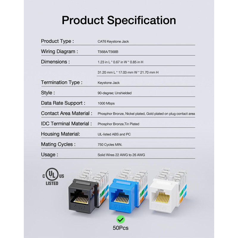 VCE 50 Pack Cat6 RJ45 Keystone Jack Insert UL-Listed, 90