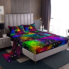 Feelyou Rainbow Galaxy Bed Sheet Twin Size Out Space Bedding Colorful Nebula Universe Deep Pockets Sheet Set 3 Pcs - 1 Falt& 1 Fitted Sheets with 1 Pillow Shams