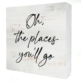 Oh the Places You'll Go Wood Box Sign Home Decor Rustic Nursery Quote Wooden Box Sign Block Plaque for Wall Tabletop Desk Home Nursery Decoration 5" x 5"