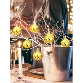 BBTO 10 LED Disco Ball String Light Mirror Disco Ball Ornaments 70s 80s 90s Disco Party Supplies Battery Powered Disco Balls with String for Christmas Tree Holiday Decor(Gold,1.57 Inch)