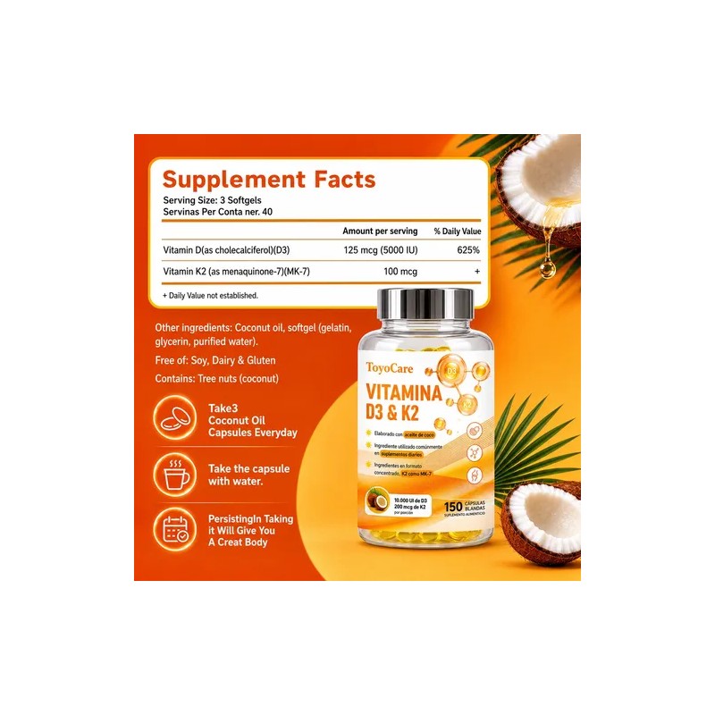 Toyocare Suplemento De Vitamina D3 Y K2 Mk-7, 150 Cápsulas