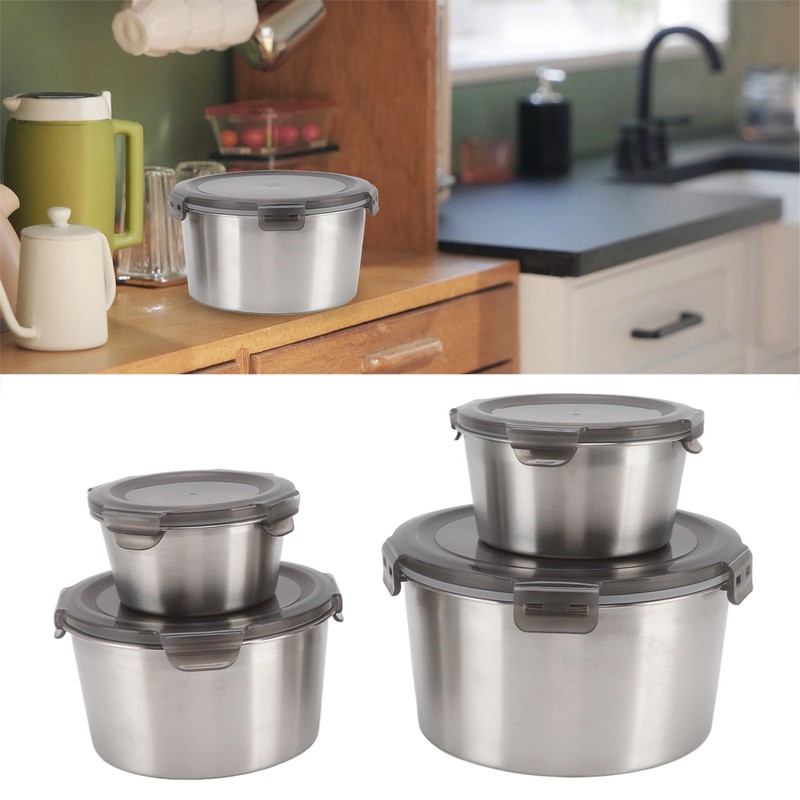 4Pcs Stainless Steel Preservation Box Large Capacity Round Food Storage