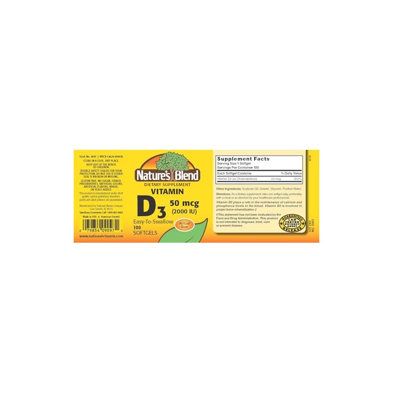 Nature's Blend Vitamin D3 50 MCG (2000 IU) Easy-to-Swallow, 100