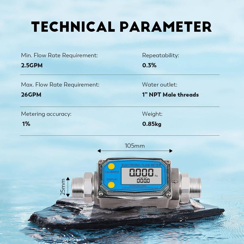 CGOLDENWALL 1 inch 3/4inch Turbine Flow Meter 2.5~26GPM Stainless Steel