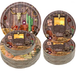 HSPAIDYP 50Pcs Western Cowboy Party Supplies 9" Cowboy Paper Dinner Plates 7" Wild West Dessert Plates Cowboy for Baby Shower Camp Fire Camping Barn Wild West Cowboy Birthday Party Decoration