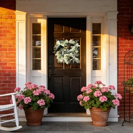 Wreath for Front Door with Layered Ribbons Bows in Black and White, Welcome Sign for Front Door, Neutral Farmhouse Welcome Year Round Wreath Door Décor, Door Hanger Decoration Porch Décor Home Décor