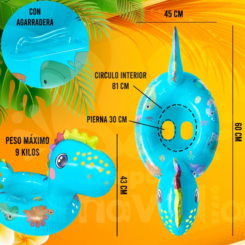 Grupo Carnavallia Inflable Dinosaurio Bebé Flotador C/ Asiento Azul Salvavidas