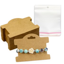 Fatiya 100 Pieces Bracelet Display Cards with Bags, 3.8" x 2.9" Hanging Jewelry Cards for Selling, Multipurpose Bracelet Cards Holder Packaging for Small Business Necklace Earrings (Brown)
