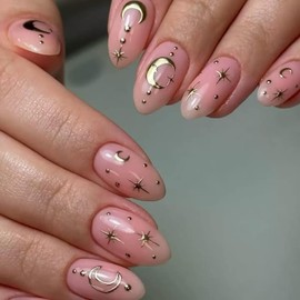 Pink Press on Nails Short Almond Fake Nails Gold Star Moon Designs Full Cover Glossy Glue on Nails for Women 24PCS