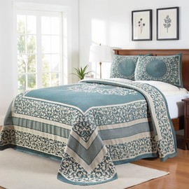 SUPERIOR Cotton Blend Bedspread Set, Includes Oversized Bedspread & 2 Matching Pillow Shams, Light Weight, Bedding Decor, Jacquard Vintage Floral Mandala, Lyron Collection, Queen, Cerulean Blue