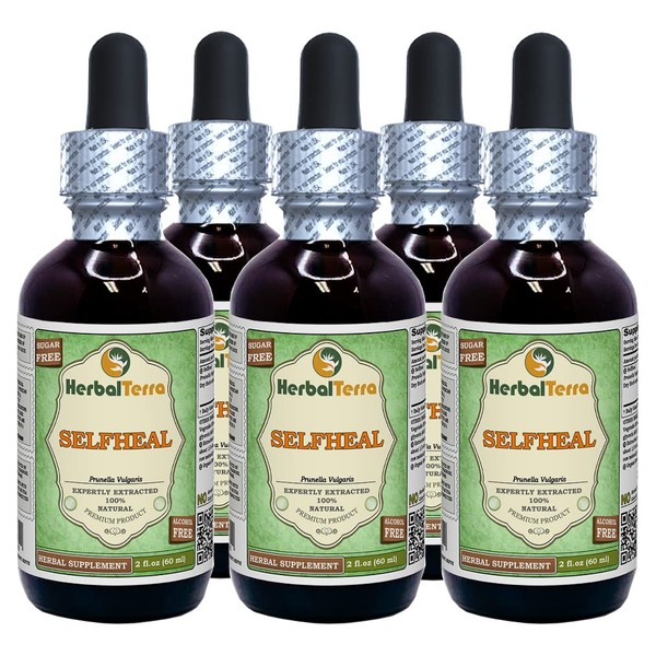 Selfheal (Prunella Vulgaris) Glycerite, Organic Dried Herb Alcohol-FREE Liquid Extract (Brand name: HerbalTerra, Proudly made in USA) 5x2 fl.oz (5x60 ml)