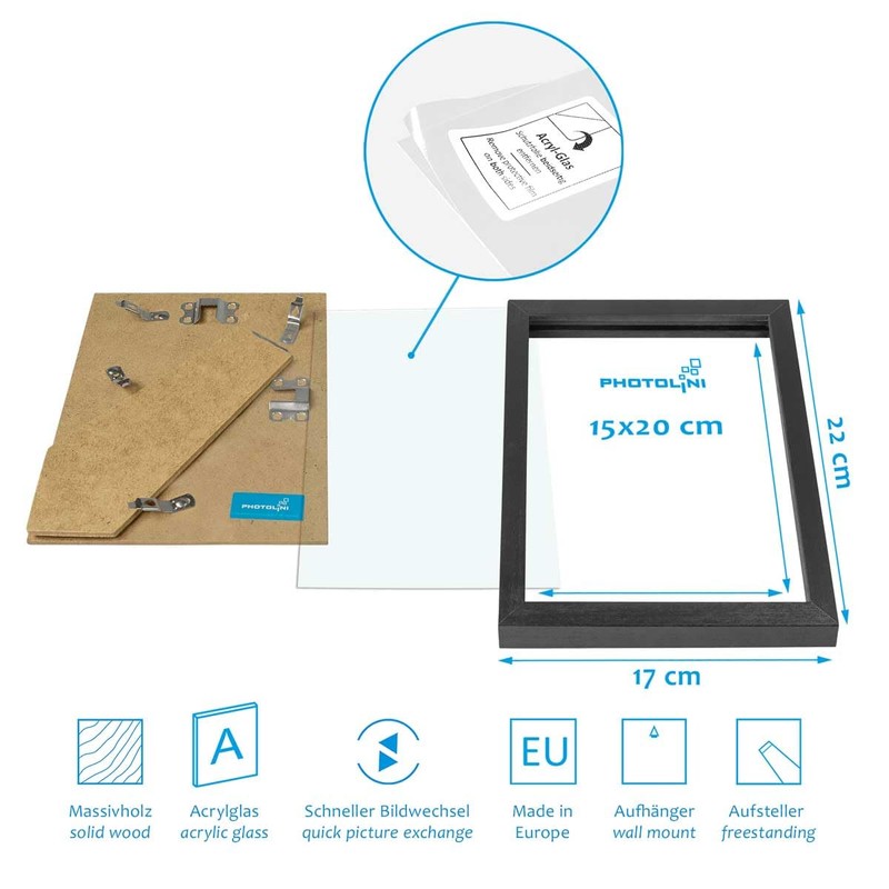 Photolini Black, Narrow, Solid Wood Picture Frame with Acrylic Glass